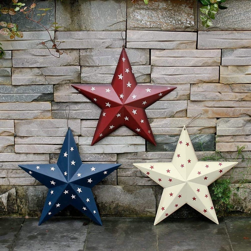 WHY Decor Metal Barn Star Set of 3, American Patriotic American Flag Wall Decoration Outdoor Indoor Hanging Wall Art 4th of July Memorial Day Veterans Day Gift for Man Star Ornament Home Decor 12"(A) - Image 3